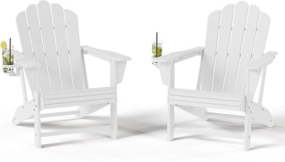 Costaelm Lakeview Outdoor Patio HDPE Adirondack Chairs with Cup Holders (Set of 2), White