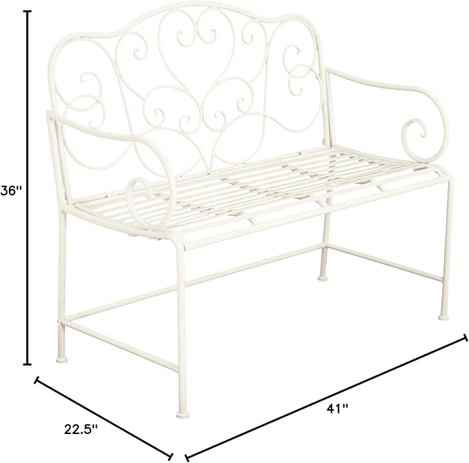 roomfitters Vintage Metal Garden Bench, Elegant Scrollwork Design, Weather-Resistant Outdoor Loveseat, Antique White