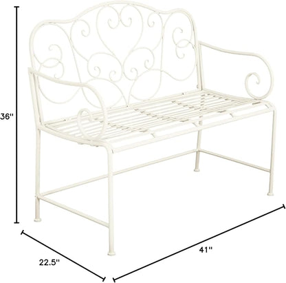 roomfitters Vintage Metal Garden Bench, Elegant Scrollwork Design, Weather-Resistant Outdoor Loveseat, Antique White