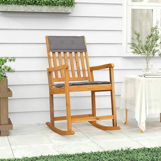 Dark Grey Rocking Chair with Natural Solid Acacia Wood Frame and Polyester Foam Cushions, 1 Piece Modern Patio Seating for Indoor Outdoor Relaxation, Durable Comfortable