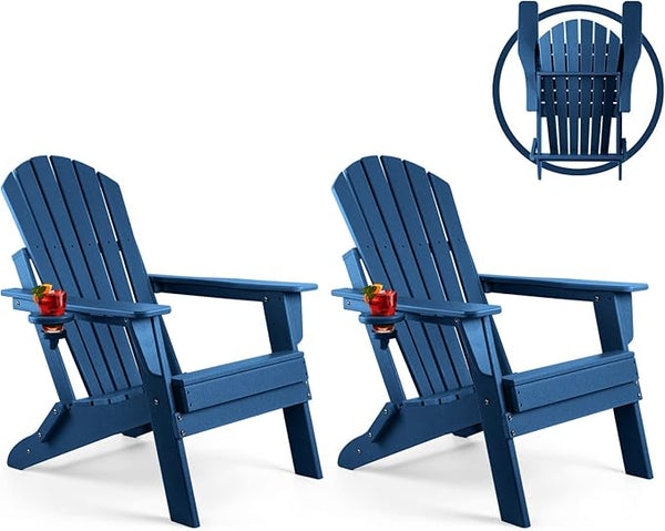 FUNBERRY Folding Adirondack Chair Set of 2, All Weather HDPE Fire Pit Chairs with Cup Holder for Outdoor - Photo 1