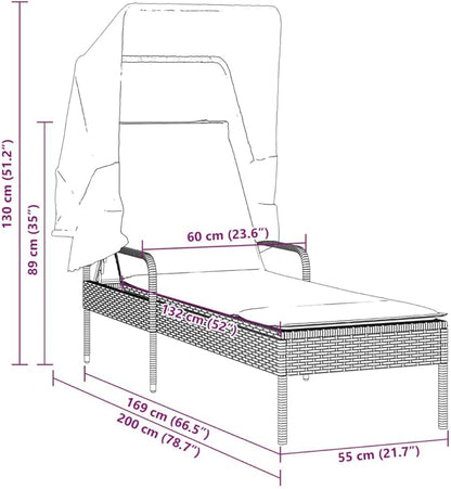 Patio Sun Lounger with Canopy, 78.7"x24.4"x51.2", Brown Poly-Rattan & Steel, Adjustable Backrest, Foldable for Garden, Balcony, Pool