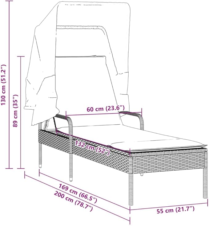 Gray Patio Lounge Chair with Canopy, PE Rattan 78.7"x24.4"x51.2", Adjustable Backrest, UV Shield - Photo 3
