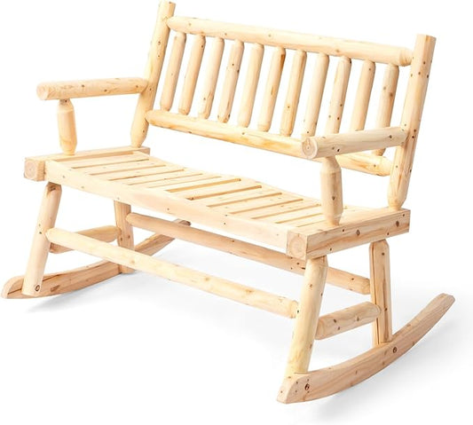 VINGLI Fir Wood Double Rocking Chair for Porch & Garden - 550lb Capacity Weather-Resistant Outdoor Glider Bench with High Backrest, Patio Rocker for Couples Backyard, Deck (Natural Finish)