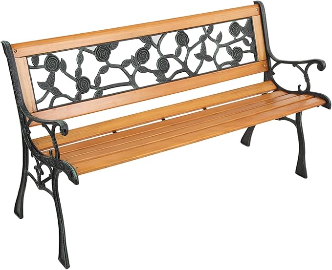 Savins gt1-ly 49-inch Garden Bench Terrace Porch Chair Deck Hardwood cast Iron Love seat Rose Back, Suitable for Parks, School playgrounds, Colleges