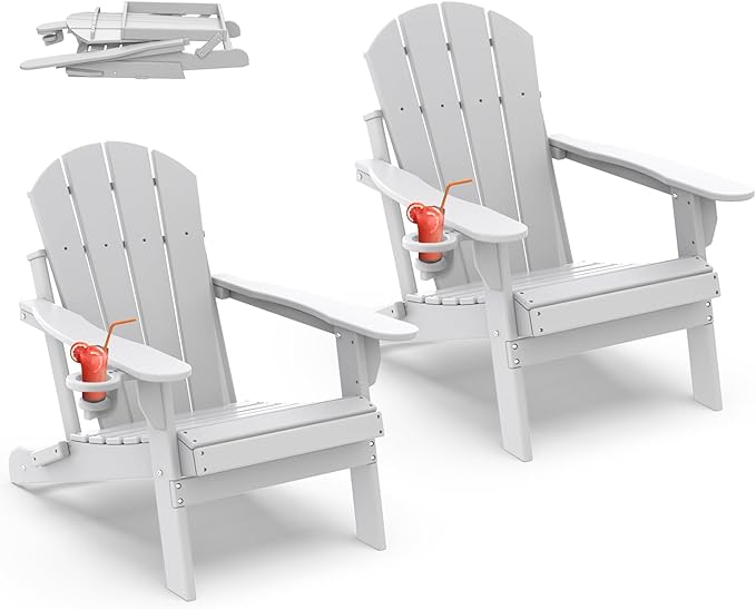 IVY&LANE Folding-Adirondack-Chairs-Set-of-2 | HDPE Plastic | Outdoor Fire Pit Chair with Cup Holder | White | Poly | Weather Resistant | for Patio Deck Poolside Garden Beach