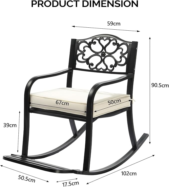 Metal Rocking Chair with Cushion and Footrest, Outdoor Rocking Bench for Patio, Garden, Cast Iron Patio Rocker - Photo 3
