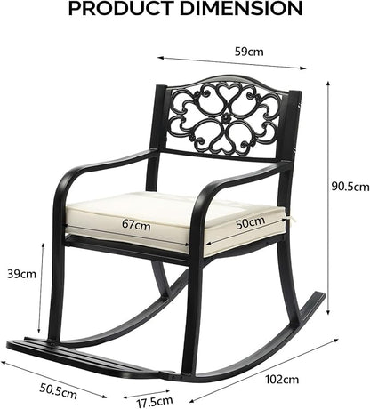 Metal Rocking Chair with Cushion and Footrest, Outdoor Rocking Bench for Patio, Garden, Cast Iron Patio Rocker, Comfortable Seat, Weatherproof Rocker with Stable Construction, Flower Backrest