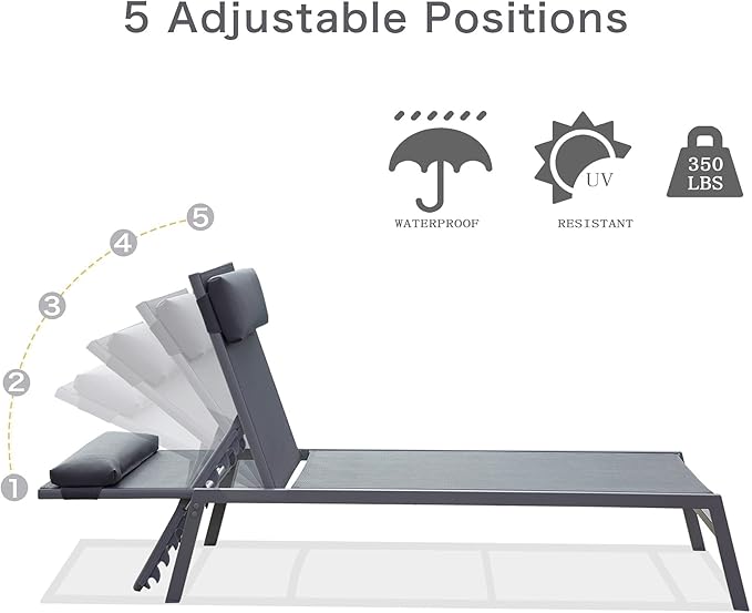 Domi 3 Pieces Adjustable Chaise Lounge Set Outdoor Patio Lounge Chair All Weather Five-Position Recliner Chair Set - Photo 5