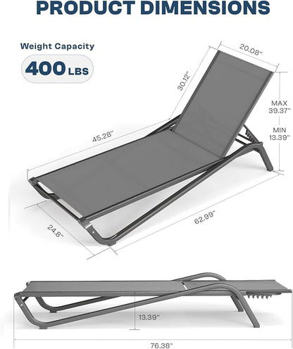 Lounge Chair Outdoor, Aluminum Chaise Lounge Outdoor, Lightweight Lounge Chairs for Outside with 5 Adjustable Backrest, Pool Lounger for Poolside, Beach, Balcony, Deck (Grey)