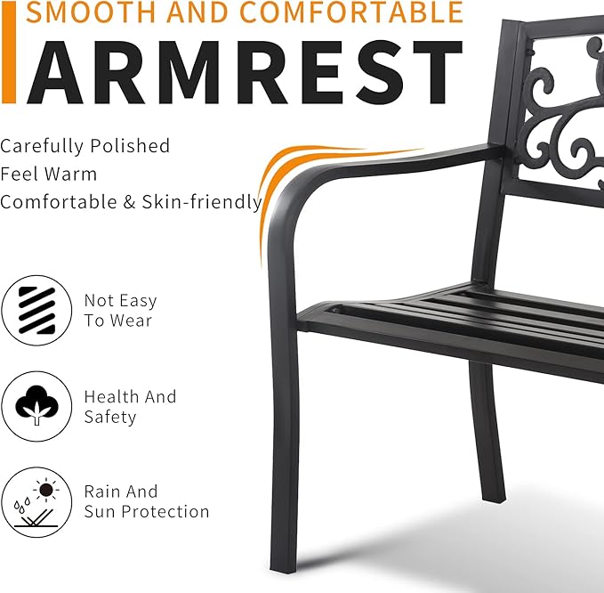 HCY 50 Inches Garden Bench Outdoor Metal Bench Patio Garden Bench Sturdy Steel Frame Furniture for Yard, Outdoor, Park, Porch, Entryway, Lawn,(Black)