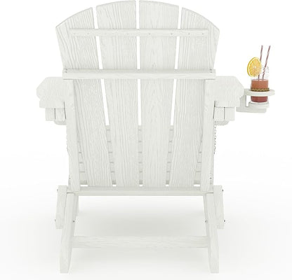 Folding Adirondack Chair Set of 2 with Side Table, All-Weather HDPE Outdoor Chair, Wooden Textured with Cup Holder for patios, Decks, Gardens, fire pits, White