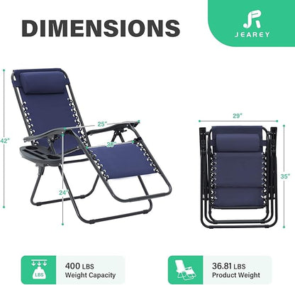 JEAREY Oversized Zero Gravity Lounge Chairs Set of 2, Breathable Steel Mesh Lounge Chairs with Head Pillows & Cup Holder Trays, for Patio, Garden, Beach, Purplish Blue