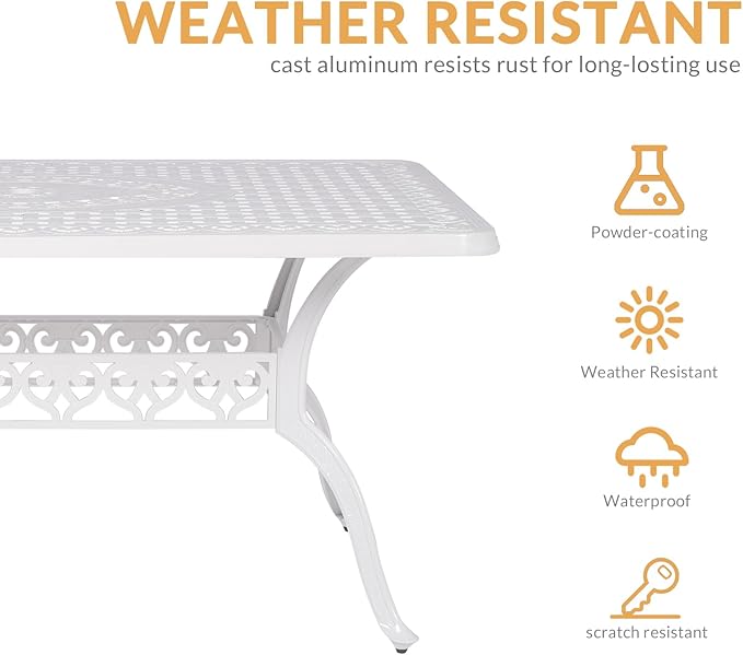 Outdoor Cast Aluminum Patio Table, 60” Rectangular Bistro Table with 2’’ Umbrella Hole for Patio Furniture Garden Deck Backyard, White