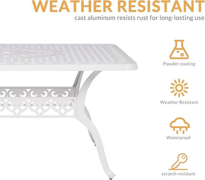 Outdoor Cast Aluminum Patio Table, 60” Rectangular Bistro Table with 2’’ Umbrella Hole for Patio Furniture Garden Deck Backyard, White