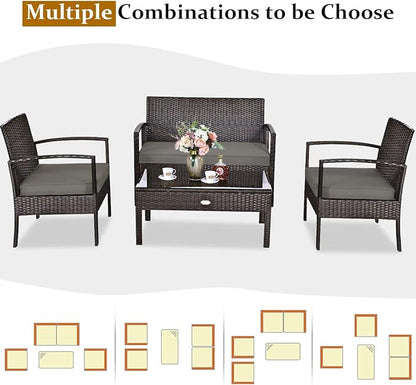 COSTWAY Outdoor Patio Furniture Set 4 Pieces, Wicker Conversation Set with Tempered Glass Topped Table, Seat Cushions, Rattan Chair Wicker Sofa for Backyard Balcony Porch Poolside