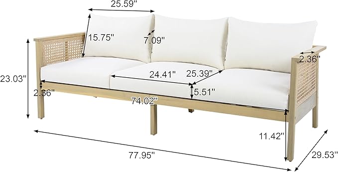 Merax Patio Acacia Wood PE Wicker 3-Seater Sofa with Waterproof Detachable Cushion, Outdoor Furniture - Photo 5