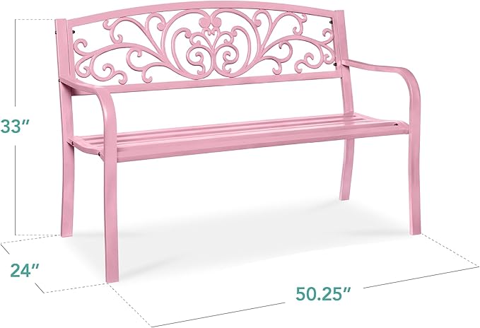 Best Choice Products Outdoor Bench Steel Garden Patio Porch Furniture for Lawn, Park, Deck w/Floral Design Backrest - Photo 2