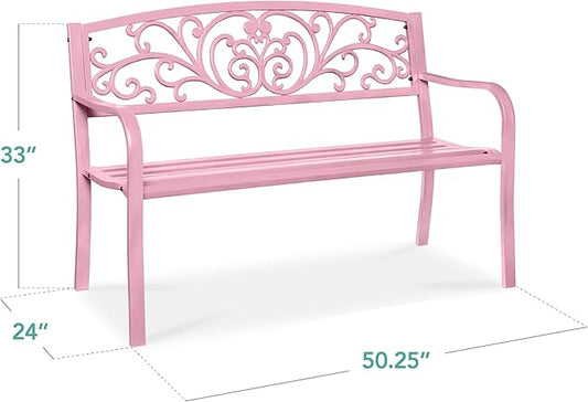 Best Choice Products Outdoor Bench Steel Garden Patio Porch Furniture for Lawn, Park, Deck w/Floral Design Backrest, Slatted Seat - Pink