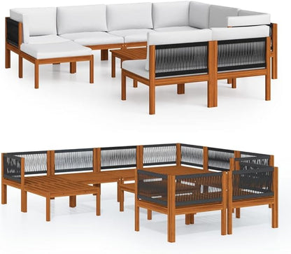 10 Piece Acacia Wood Garden Lounge Set with Weather-Resistant Cushions, Modular Outdoor Patio Furniture for 9 People, Rustic Solid Wood Design for Balcony