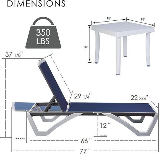 Kozyard Outdoor Chaise Lounge Chair, Full Flat Adjustable Patio Lounger with Aluminum Frame & Resin Legs, Textilene Fabric for Poolside, Backyard & Beach (NavyBlue, 2Chairs with Table)