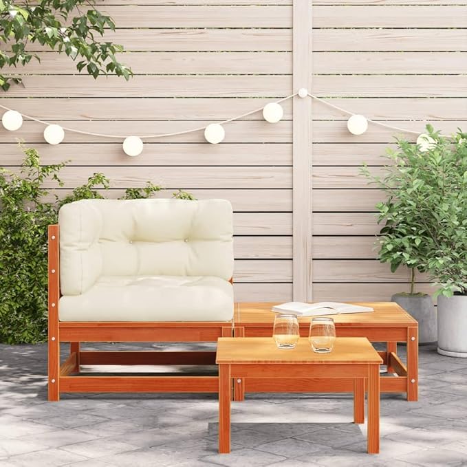 Wax Brown Patio Sectional Sofa with Cushions & Footstool Solid Pine Wood Outdoor Sectional Furniture Set for Garden - Photo 3