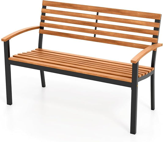 Giantex Outdoor Bench, Acacia Wood Patio Loveseat with Slatted Backrest & Seat, Armrests, Heavy Duty Metal Frame, 800 lbs Capacity, 2-Person Garden Bench for Lawn, Porch, Yard and Park