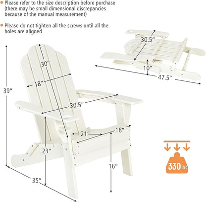 Giantex Adirondack Chair Outdoor Folding Chairs, HDPE Weather Resistant Patio Chair with Built-in Cup Holder Lawn Chair for Patio, Backyard, Balcony, Deck Outside Plastic Fire Pit Chair(1, White)
