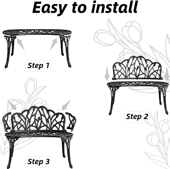 Patio Aluminum Outdoor Bench, Garden Metal Loveseat Furniture, Vintage Tulip Carving Antique Black Front Porch Chair Seat