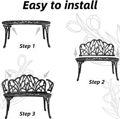 Patio Aluminum Outdoor Bench, Garden Metal Loveseat Furniture, Vintage Tulip Carving Antique Black Front Porch Chair Seat