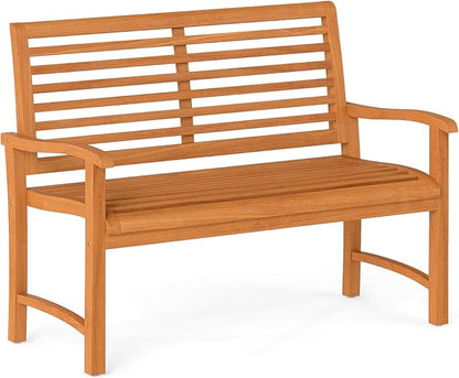 Tangkula Teak Wood Outdoor Bench with Backrest, Patio Garden Park Bench with Slatted Backrest & Seat, Curved Armrests, 800 lbs Capacity, 2-Person Outside Loveseat for Porch, Deck and Backyard