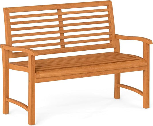 Tangkula Teak Wood Outdoor Bench with Backrest, Patio Garden Park Bench with Slatted Backrest & Seat, Curved Armrests, 800 lbs Capacity, 2-Person Outside Loveseat for Porch, Deck and Backyard