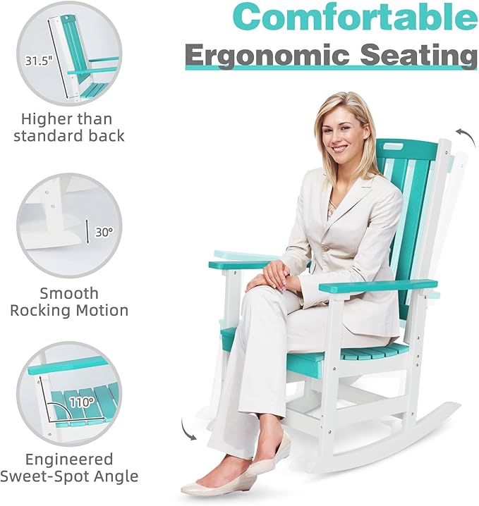 Aoodor Outdoor Rocking Chair, Ergonomic HDPE Rockers with All-Weather Design for Patio or Porch, Clashing Colors, Lake Blue and White