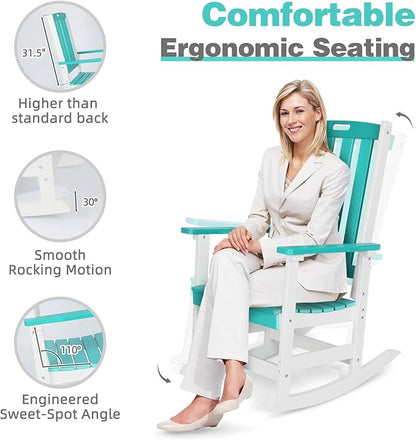 Aoodor Outdoor Rocking Chair, Ergonomic HDPE Rockers with All-Weather Design for Patio or Porch, Clashing Colors, Lake Blue and White