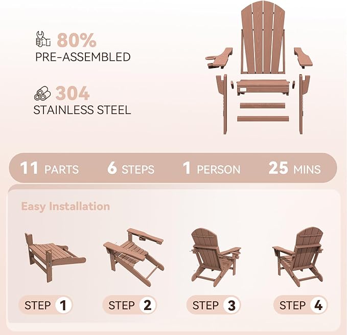 Mdeam 3-Position Adjustable Adirondack Chairs Set of 2, 400LBS Capacity, Cup Holder, Wooden Textured, All-Weather HDPE Folding Fire Pit Outdoor Chairs for Poolside Deck Patio Garden Yard Lawn - Teak
