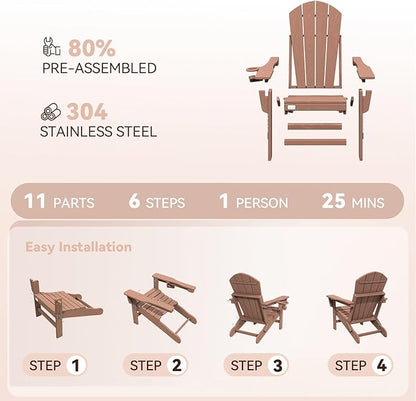 Mdeam 3-Position Adjustable Adirondack Chairs Set of 4, 400LBS Capacity, Cup Holder, Wooden Textured, All-Weather HDPE Folding Fire Pit Outdoor Chairs for Poolside Deck Patio Garden Yard Lawn - Teak