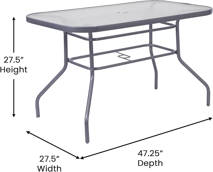 Flash Furniture Tory Rectangle Patio Table with Umbrella Hole, Commercial All-Weather Table with Heat Resistant Tempered Glass, Steel Tube Frame, 27.5x47.25, Silver
