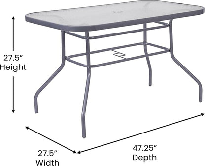 Flash Furniture Tory Rectangle Patio Table with Umbrella Hole, Commercial All-Weather Table with Heat Resistant Tempered Glass, Steel Tube Frame, 27.5x47.25, Silver
