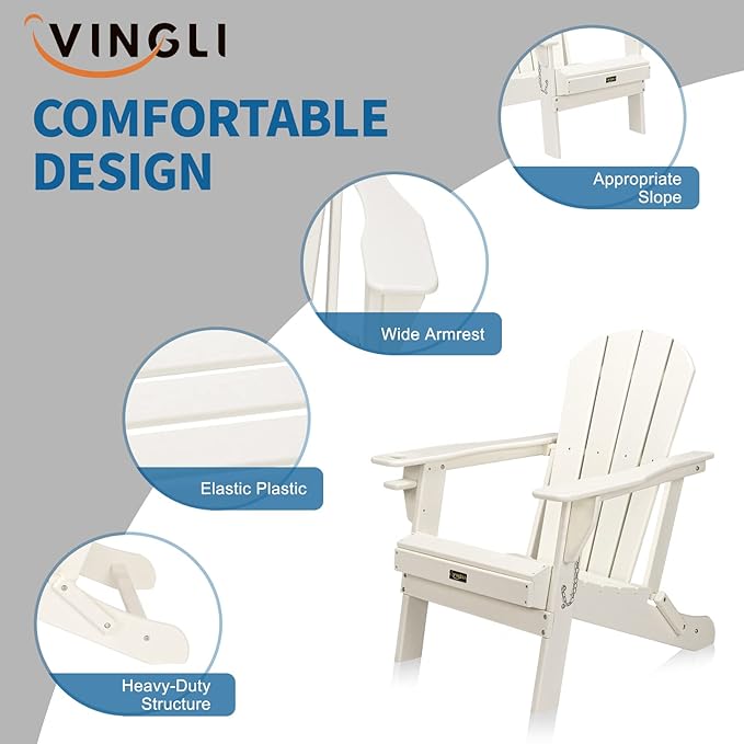VINGLI Plastic Adirondack Chairs Set of 4, Folding with Cup Holder, Waterproof HDPE Material, Comfortable 380lb Weight Capacity for Outdoor Pool Patio Lounge Chair Lawn Furniture Firepit (White)