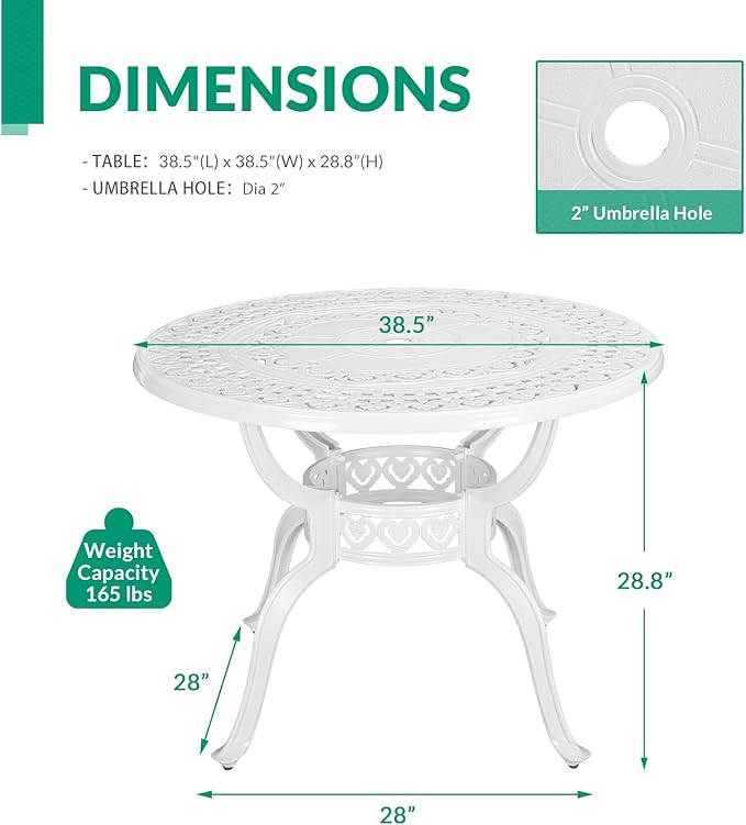 VIVIJASON 38.5" Patio Bistro Table Outdoor Dining Round Table White Cast Aluminum Table with Umbrella Hole