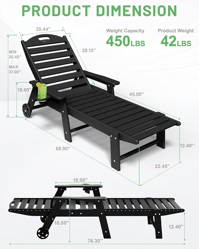 Lounge Chair Outdoor, Chaise Lounge Outdoor, HDPE 6-Position Lounge Chair for Outside - Photo 3