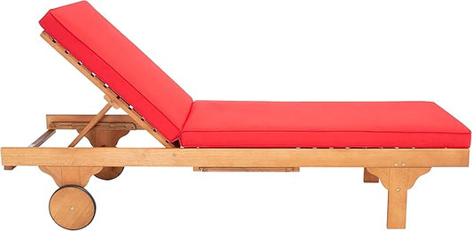 SAFAVIEH Outdoor Collection Newport Natural/ Red Cushion Built-in Side Table Adjustable Chaise Lounge Chair