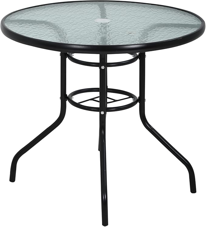 MKDLUFEI 32 Inch Round Outdoor Dining Table, Patio Table with Umbrella Hole, Tempered Glass Top, Black Steel Frame - Photo 1