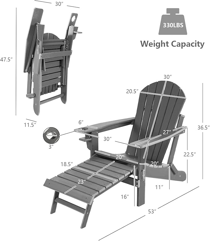 Giantex Folding Adirondack Chair, HDPE Patio Chairs Fire Pit Lounge Chair W/Retractable Ottoman & Cup Holder, Weatherproof Outdoor Adirondack Chairs for Porch, Garden, Backyard (1, Gray)