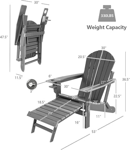 Giantex Folding Adirondack Chair, HDPE Patio Chairs Fire Pit Lounge Chair W/Retractable Ottoman & Cup Holder, Weatherproof Outdoor Adirondack Chairs for Porch, Garden, Backyard (1, Gray)