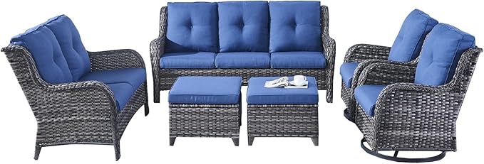 Rilyson Wicker Patio Furniture Set - 6 Piece Rattan Outdoor Sectional Conversation Sets with 2 Rocking Swivel Chairs - Photo 2