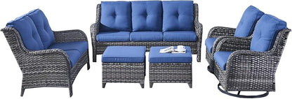 Rilyson Wicker Patio Furniture Set - 6 Piece Rattan Outdoor Sectional Conversation Sets with 2 Rocking Swivel Chairs,2 Ottomans,1 Sofa and 1 Loveseat for Porch Deck Garden(Mixed Grey/Blue)