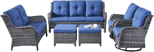 Rilyson Wicker Patio Furniture Set - 6 Piece Rattan Outdoor Sectional Conversation Sets with 2 Rocking Swivel Chairs,2 Ottomans,1 Sofa and 1 Loveseat for Porch Deck Garden(Mixed Grey/Blue)