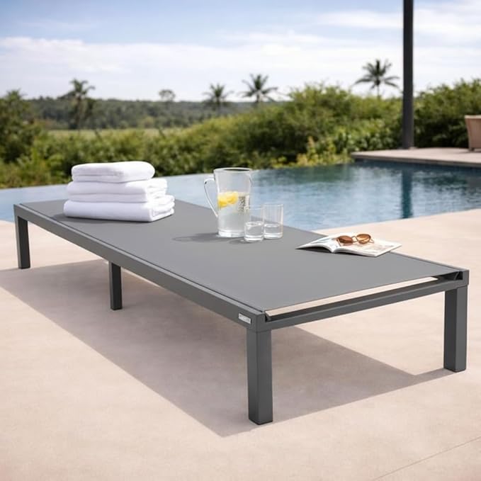 LeisureMod Marlin Aluminum Outdoor Chaise Lounge Chair - Mesh Sling Fabric Seat Black Aluminum Frame Beach, Pool Lounge Chair for Modern Patio Lawn, Garden and Backyard (Dark Grey)