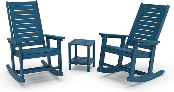 GREENVINES Outdoor Rocking Chair Set | 3-Piece | 2 Rocking Chairs with 1 Side Table | Porch Rocker | HDPE Plastic | Blue - Photo 1